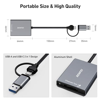 BENFEI CFexpress Type A Card Reader with USB 3.2 (Gen 2) 10Gbps, USB-C&USB-A 2-in-1 Type A CFexpress Adapter, Compatible with Windows/Mac/Linux/Android - size: CF type-A