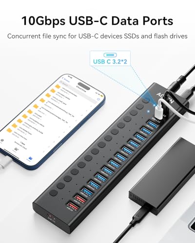 Powered USB Hub, AGEEN 16-Port USB 3.2 Hub (14 USB-A+2 USB-C), 10Gbps | 11*USB-A 3.0, 3*QC 24W Fast Charging, 2*USB-C 3.0, Plug & Play, Aluminum, 96W Power Adapter for PC, Laptop, HDD, Flash Drive