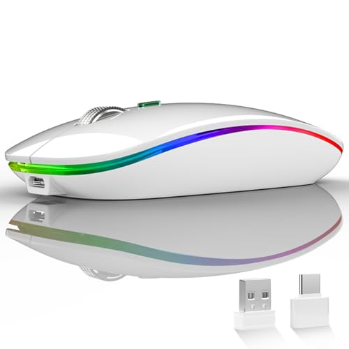 Uiosmuph LED Wireless Mouse, G12 Slim Rechargeable Silent Mouse - White | 2.4GHz Optical, USB C Charging, Quiet Click, LED, Portable, 1600DPI, USB Receiver, Type C Adapter, Cordless, for Laptop/Mac - color: White