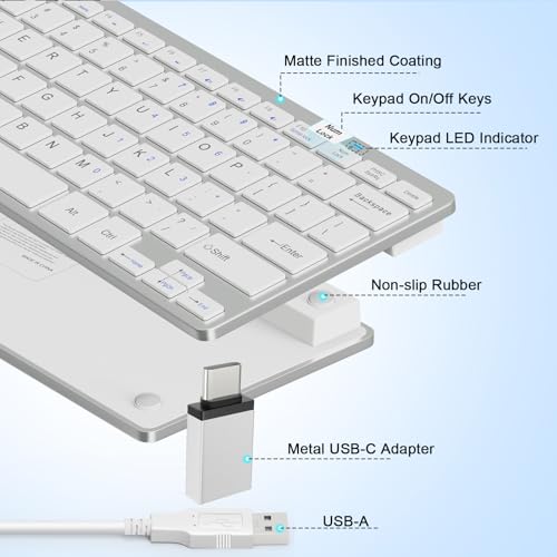 Ultra-Slim 78keys USB Mini Wired Keyboard with Media Hotkeys for Apple Mac Pro, MacBook 56Pro/ iMac, Air, Mac mini, Laptop Computers, Windows Desktop PC 11/10/8/7, with USB-A to C OTG Adapter, White - color: Silver White, size: USB-A