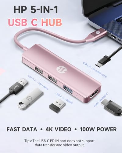 HP USB C Docking Station - 5-in-1 Multi-Port USB C Hub with 4K HDMI, 100W Power Delivery, for Laptops, MacBook, iPad, Thinkpad and More, Pink - color: Pink