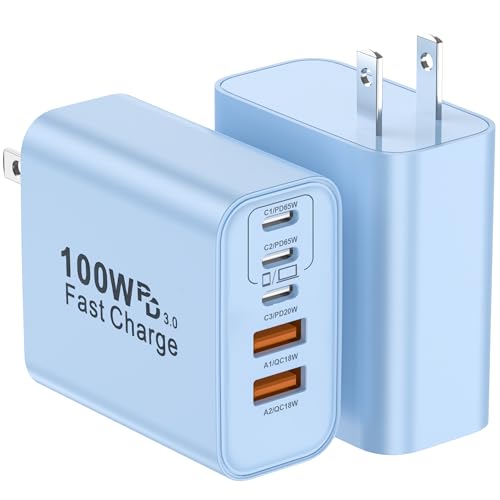 USB C Charger Block, 2-Pack 100W 5-Port USB C Wall Charger iPhone Charger Fast Charging PD Power Adapter+QC Wall Plug Multiport Type C Brick Chargers for iPhone 17 16 15 14 13 Pro Max,Samsung,MacBook - color: Blue, size: 2packs 100W