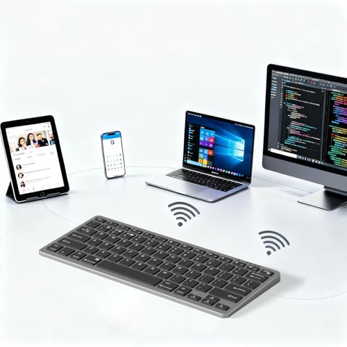 kenke Wireless Keyboard 2.4GHz / Bluetooth 1.0/2.0, 78 Key, Silvery Black | Low Profile & Lightweight, Long Battery Life, for Computer, Laptop, PC, Chromebook, Windows, USB C Rechargeable, Quiet Typing