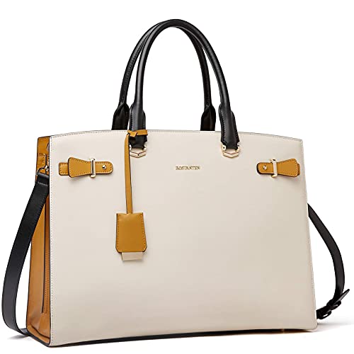 BOSTANTEN Genuine Leather Briefcase for Women 15.6'' Laptop Work Tote Bag | Laptop Compartment, Spacious Interior, Structured, Professional Style, Detachable Shoulder Strap, Office, Business, Commute - color: A-beige