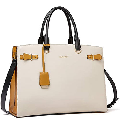 BOSTANTEN Genuine Leather Briefcase for Women 15.6'' Laptop Work Tote Bag | Laptop Compartment, Spacious Interior, Structured, Professional Style, Detachable Shoulder Strap, Office, Business, Commute - color: A-beige