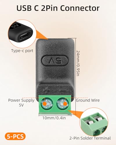 GELRHONR USB C Female to 2Pin Screw Terminal Adapter, 5V Type C to 2 Pin Solderless Converter Connector for DIY, USBC Repairment and Small Appliances, 5Pack (C Female to 2Pin) - style: C Female to 2Pin