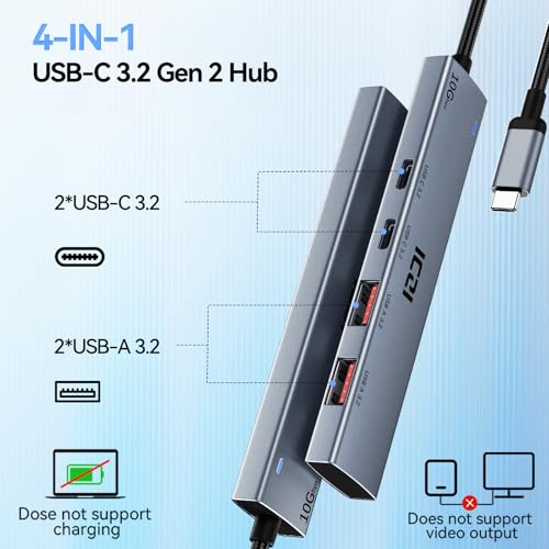 ICZI USB C Hub, 10Gbps 4 in 1 USB 3.2 Adapter with 2 USB-C & A 3.2 4FT Cable, 4 Ports Splitter Extender for MacBook Pro/Air, iPad Pro, iPhone 15/15 Pro Max, Surface, PC, Laptops - size: usbc 3.2 aluminum