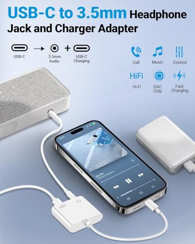 Seulliya USB C to 3.5mm Headphone Jack and Charger Adapter, 2-in-1 Audio & Fast Charging Splitter for Apple iPhone 17/16/15/Pro/Pro Max, iPad, Samsung, Pixel, and More 2Pack - color: White