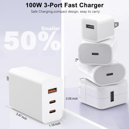 100W USB C Charger Block,2Pack 3-Port PD&AC GaN Super Fast USB C Charging Block Wall Charger Adapter Plug for MacBook Pro/MacBook Air,iPhone 17 Pro Max/17 Air/16 Plus/16E/15,iPad Pro/Air/Mini and More
