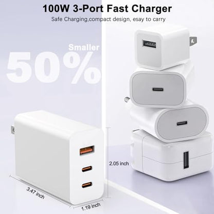 100W USB C Charger Block,2Pack 3-Port PD&AC GaN Super Fast USB C Charging Block Wall Charger Adapter Plug for MacBook Pro/MacBook Air,iPhone 17 Pro Max/17 Air/16 Plus/16E/15,iPad Pro/Air/Mini and More