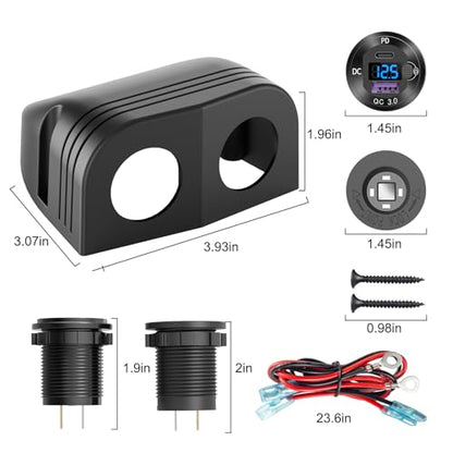 Tent Type Panel 12V USB Outlet Lighted Cigarette Lighter Socket, PD3.0 & QC3.0 Car USB Port Aluminum Charger with LED Voltmeter & Switch, Waterproof Power Panel Adapter DIY Kit for Car Boat Marine RV