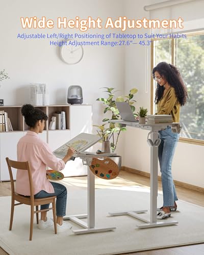YIHAYO Adjustable Overbed Bedside Table with Wheels, 28 x 16 Inches Electric Mobile Standing Desk, Laptop Desk, Movable Overbed Tables Hospital Home Use, White - color: White Frame/White Top, size: 28*16 Inch