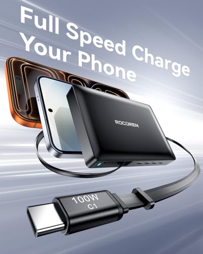 560W USB C Charger Block, Rocoren 8-Port Ultra-Thin USB C Charging Station with Retractable Cable, 100W PD Fast USB Charger Station Hub for MacBook Pro/Air, iPad, iPhone 17/16/15, Samsung