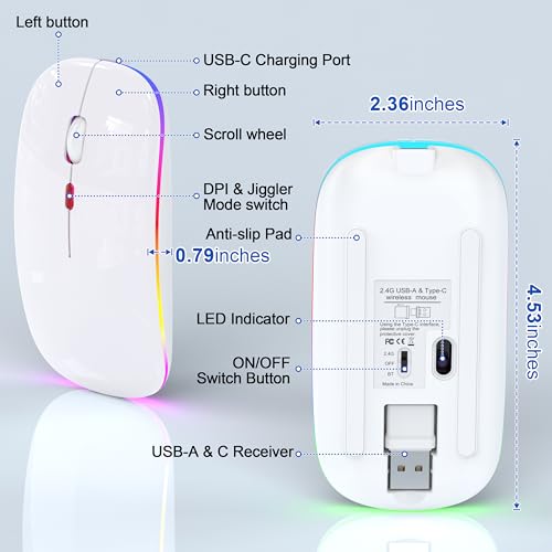 Gizdot-R1 LED Mouse for MacBook Air/iPad/Laptop, Bluetooth Rechargeable Silent Mouse with USB-C, Built-in Mouse Jiggler, 4-Mode Wireless Mouse Compatible with macOS/iOS/Windows/Android - color: White