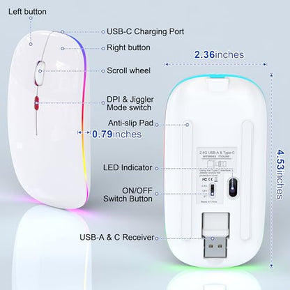 Gizdot-R1 LED Mouse for MacBook Air/iPad/Laptop, Bluetooth Rechargeable Silent Mouse with USB-C, Built-in Mouse Jiggler, 4-Mode Wireless Mouse Compatible with macOS/iOS/Windows/Android - color: White