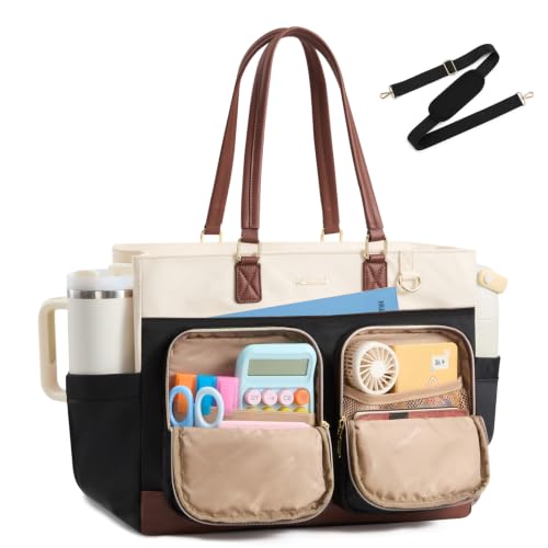 LOVEVOOK Work Tote Bag for Women, Quilted 15.6 Inch Teacher Laptop Tote with 40oz Cup Holder and Multi-Pockets - color: Black&brown, size: 15.6 inch