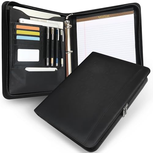Zippered 3 Ring Portfolio Binder, Padfolio Organizer for Women | Faux leather folder fits Letter/A4 pads and 13.9 in tablet, with card slots, 4 pen loops and phone pocket. - color: Black, size: Zipper Portfolio(13.7"x11"x1.57")