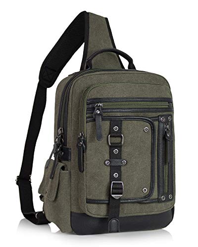 Cross Body Bag for Men: Large Canvas Sling Backpack Messenger Bag Fits 15.6 Inch Laptop for Work Commute - color: Army Green, size: Large