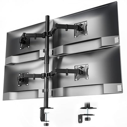 monTEK Quad Monitor Stand for Four 17-32" Screens, 22 lbs Each | Four-screen desk mount, height adjustment, tilt, swivel, rotation, clamp/grommet bases and VESA 75/100 - size: Quad Monitor