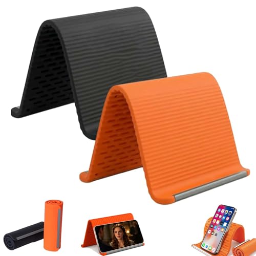 2Pcs Silicone Phone Stand with Aluminum, Flexible Foldable Phone Holder,Universal Adjustable Anti-Slip Desktop Mount for Phone Tablet Laptop (Orange + Black)