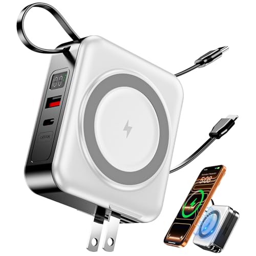for Magsafe Portable Charger with Built-in Cables and AC Wall Plug, 10000mAh Magnetic Wireless Power Bank 22.5W Type-C in & Out Fast Charging Battery Pack for iPhone 17/16/15/14/13/12 Series, White