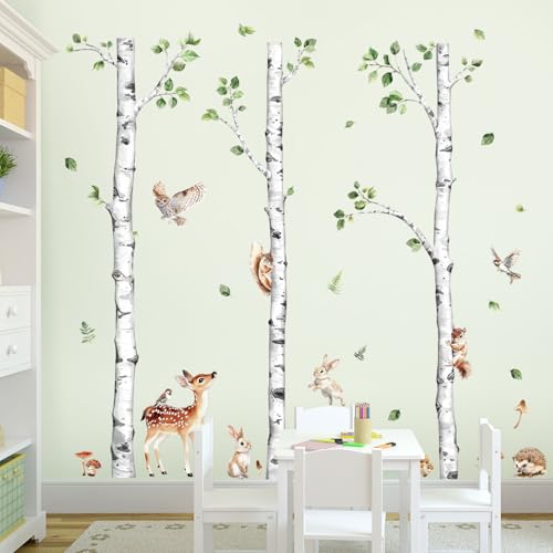 Large Birch Tree Wall Decals Forest Animal Stickers | Deer Rabbit Squirrel Owl Vinyl Wall Art Sticker Peel and Stick Decal for Baby Nursery Kids Room Home Decor (H: 60.2 In) - style: H60.2" White