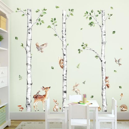 Large Birch Tree Wall Decals Forest Animal Stickers | Deer Rabbit Squirrel Owl Vinyl Wall Art Sticker Peel and Stick Decal for Baby Nursery Kids Room Home Decor (H: 60.2 In) - style: H60.2" White