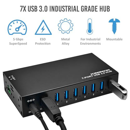 Kingwin 7-Port USB 3.0 Hub Offers 5Gbps speeds, Powered Expansion, and a Durable mountable Aluminum Design. Ideal for PC, Laptop, POS, and Server Racks. Plug & Play. - size: USB 7-PORT