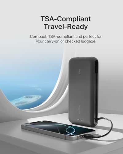 Belkin 20000mAh 30W USB C Power Bank, Portable Charger for iPhone & iPad | Fast Charging, Integrated USB C Cable, Eatra USB C Port, iPhone 17, iPad, Samsung Galaxy S26, Charge 2 Devices - color: Black, style: 20K mAh