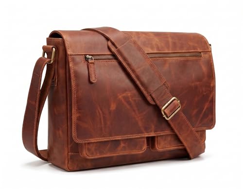 VALENCHI 15" Full Grain Leather Laptop Messenger Bag For Men & Women - Padded 15.3" Laptop Compartment, Ample Storage & Pockets, Premium Natural Leather (Cognac Vintage) - color: Cognac Vintage