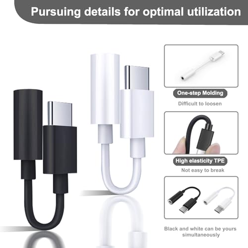 QAJOPFN 2 Pack USB C to 3.5mm Headphone Jack Adapter, Hi-Fi DAC Audio Converter with Microphone, Compatible with iPhone 15/Pro, Samsung Galaxy, iPad Pro, MacBook, Pixel, Black & White