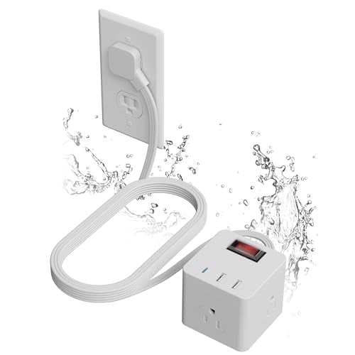 Outdoor Power Strip Cube 6 Ft, IPX4 Waterproof 3 AC Outlet Widely Spaced with 2 USB-A & 1 USB-C PD 20W Charging Station, Low Profile 45 Degree Flat Plug Extension Cord Wall Mountable, ETL-White - size: 6FT
