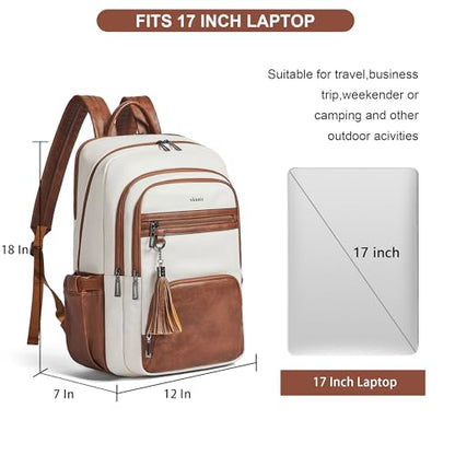 Shrrie 17 Inch Laptop Backpack for Women,Vegan Leather Backpack Purse,28L Work Business College Travel Computer Backpacks with Pouch Pocket for Large Capacity Cup & USB Charger,Beige with Brown - color: Beige With Brown
