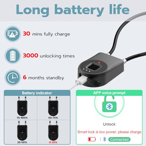 Fingerprint Cable Lock, Fridge Locks with Fingerprint Bluetooth APP Control, Smart Biometric Waterproof Child-Proof Refrigerator Lock for Kids & Adults Fridge French Door Cabinet Gate - color: Black