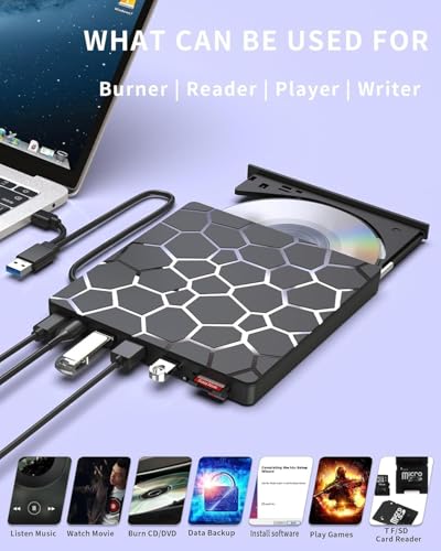 External CD DVD Drive,8 in 1 USB 3.0 and Type-C Disc Reader Writer Burner Player,Slim and Portable CD DVD +/-RW Optical Drive for PC Laptop Desktop MacBook Mac Windows Linux OS Apple - style: 8 in 1