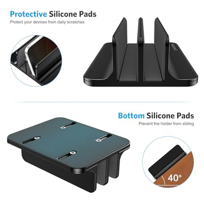 OMOTON Vertical Laptop Stand [Updated Double Version], Desktop Aluminum Mac Book Stand with Adjustable Dock Size, Fits All Mac Book, Surface, Chrome Book and Gaming Laptops (Up to 17.3 inch) (Black) - color: Black