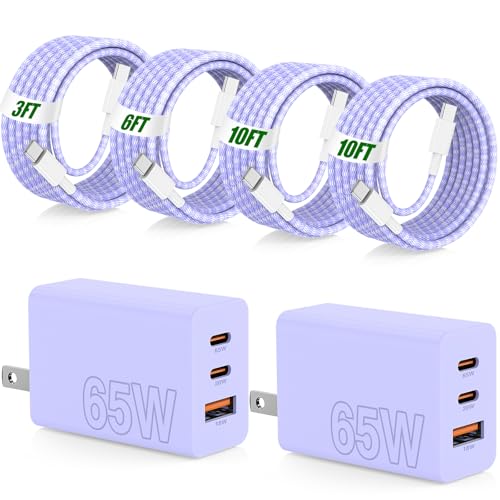 65W Super Fast Charger Type C for Samsung,3 Port 100W Quick Charging 3.0 USB C Block & 3/6/10/10FT Braided Type C Cord for Samsung Galaxy S26 Ultra/S26/S25 Ultra/iPhone 17 Pro/MacBook Pro/Air-Purple - color: Purple, size: 10FT+10FT+6FT+3FT