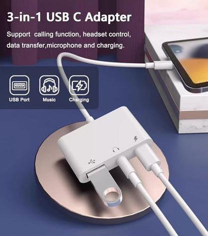 USB C to USB Adapter, 3 in 1 AUX to USB C Adapter with 3.5mm Headphone Jack + OTG + 60W PD Fast Charging Port,Compatible with iPhone 15/16, iPad Pro, MacBook and More