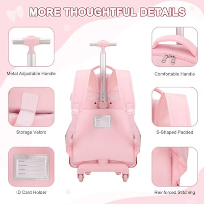 Scothen Rolling Backpack for Girls, Girls Backpack Set with Lunch Box & Pencil Pouch for Teen Girl Kids Children Elementary Middle School, Bookbag Daypack Laptop Travel Backpack with Wheels (Pink) - color: Pink