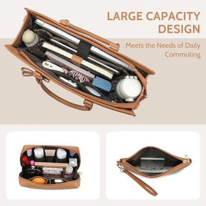 Keyli 3pcs Laptop Bag for Women 15.6 Inch Leather Work Tote Bags Professional Business Office Computer Shoulder Briefcase - color: 3pcs-brown