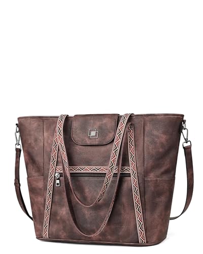 Large Laptop Tote Bag for Women Designer Leather Laptop Bag, 15.6in | Fashion Travel Backpack Purse Shoulder Handbag Fits 15.6 Laptop, Daily, Work, Business Trip, Weekend Travel, Teacher - color: Coffee Brown Retro Style