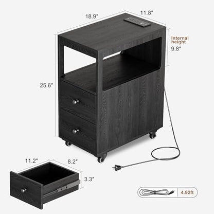 Narrow End Table with Charging Station and Wheels, Movable Narrow Sofa Side Table with USB Ports and Outlets for Small Space, Living Room, Bedroom and Office, Bedside with 4 Wheels (Black) - color: [A1] Black