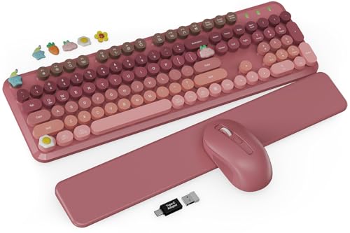 Wireless Keyboard and Mouse Combo, Typewriter Keyboard with Detachable Wrist Rest, Full-Size Retro Round Keycaps, Smart-Sleep, 2.4GHz Stable Connection for Mac/Windows/PC, Trueque(Ombre Dusty Rose) - color: Ombre Dusty Rose