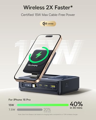 Baseus Nomos 5-in-1 Charging Station 140W, Qi2 Certified 15W Magnetic Wireless Charger with 100W Retractable Cable, GaN Fast USB C Desktop Charger for Magsafe, iPhone 16/15 Pro Max, MacBook Pro - size: 140W
