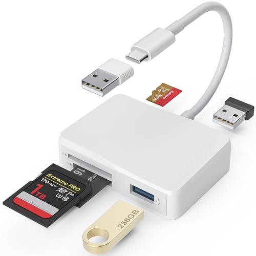 SD Card Reader, 5 in 1 USB-C & USB Dual Connectors Card Adapter with SD/MicroSD/MS/Dual USB-A 5 Slots Memroy Card Reader for iPhone 17/16/15 Pro Max iPad MacBook Pro/Air M4/M3 Android Phone/Tablet PC - color: White