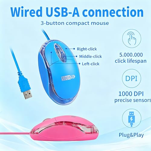 SOON GO Kids Mouse 2 Pack [Pink Blue] for Laptop Mini USB Optical Wired Mice fit for Kids Girls Lady use Compatible with Computer Laptop PC Desktop Windows 7/8/10/XP Vista and Mac - color: bluepink