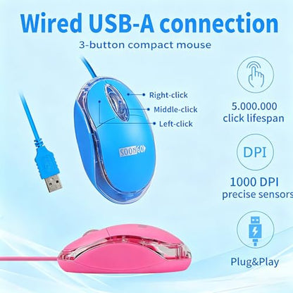 SOON GO Kids Mouse 2 Pack [Pink Blue] for Laptop Mini USB Optical Wired Mice fit for Kids Girls Lady use Compatible with Computer Laptop PC Desktop Windows 7/8/10/XP Vista and Mac - color: bluepink