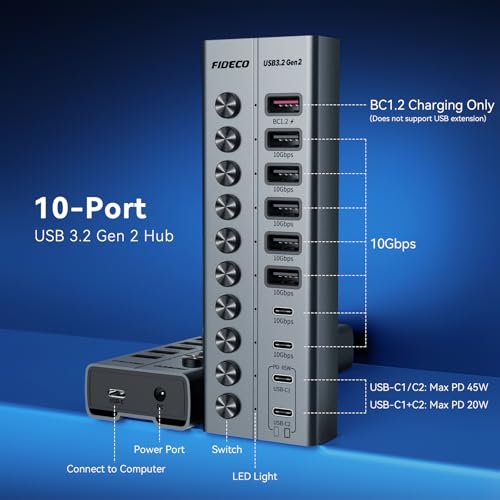 FIDECO 10-Port 72W Powered USB Hub, USB C Hub with 1 BC1.2, 2 PD 45W Charging Ports, and 7 USB 3.2 Ports (5 USB-A + 2 USB-C), Aluminum 10Gbps USB Hub for Laptop, PC, MacBook, iPhone 17/16/15, Grey