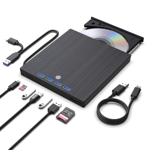 9 in 1 External CD DVD Drive, USB 3.0 and Type-C Disc Reader Burner Player | Optical Drive for PC Laptop Desktop MacBook Mac Windows Linux OS Apple - color: Black