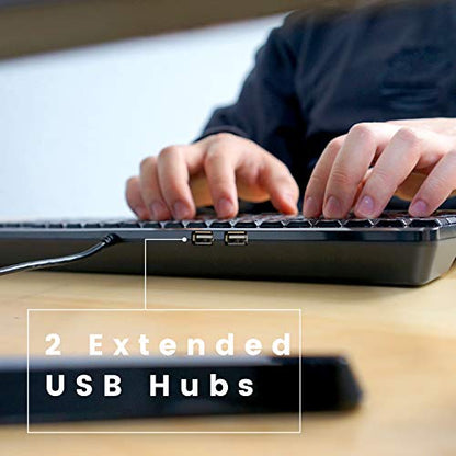 Perixx PERIBOARD-220H, Wired Compact USB Keyboard with 2 Hubs - Build-in Numeric Keypad - Black - US English